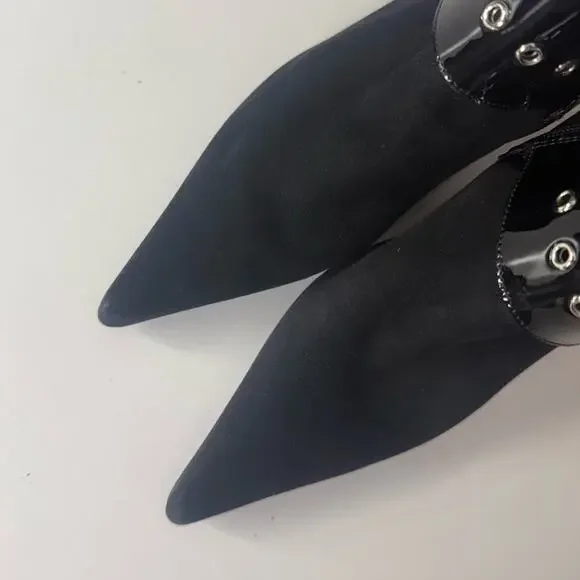 Jeffrey Campbell Seatbelt Black Suede Black Patent Buckle Heel Boots - Picture 4 of 11